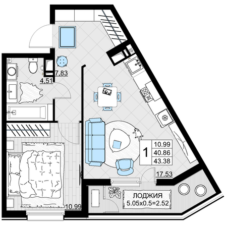 Планировка 1-комн 43,38 м²