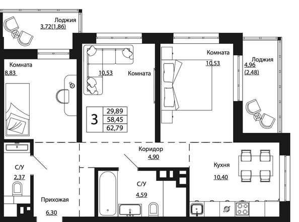 Планировка 3-комн 62,79 м²