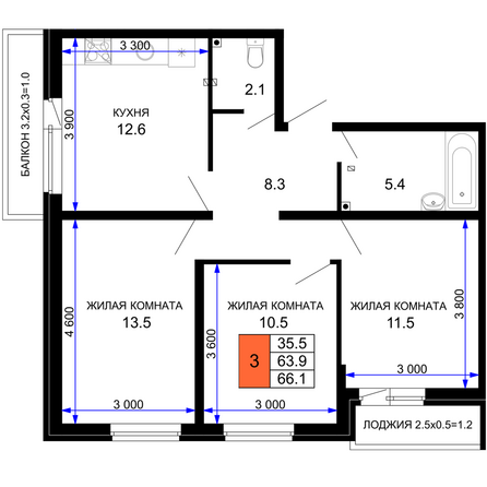 Планировка 3-комн 66,1 м²