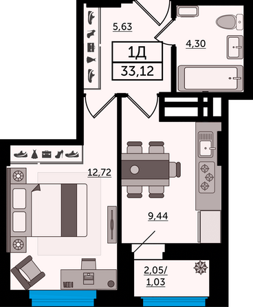 Планировка 1-комн 33,12 м²