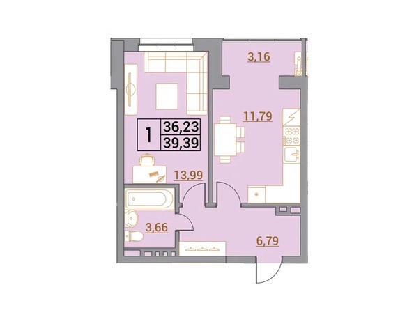 Планировка 1-комн 38,64, 39,39 м²