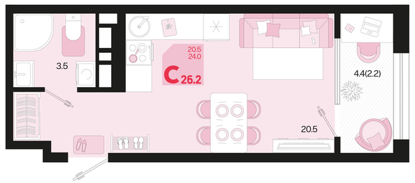 Планировка 1-комн 26,2 м²