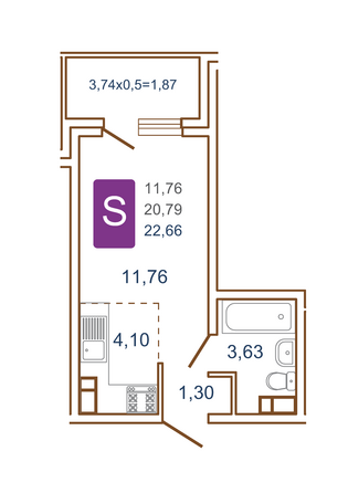 Планировка 1-комн 22,66 м²