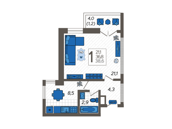 Планировка 1-комн 38,6 м²