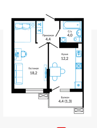 Планировка 1-комн 41 м²