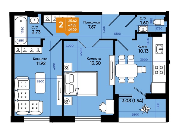 Планировка 2-комн 49, 49,9 м²