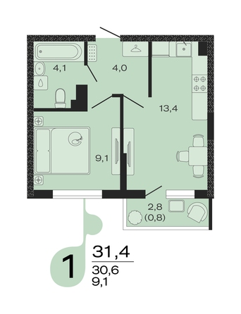 Планировка 1-комн 31,4 м²