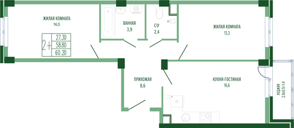 Планировка 2-комн 60,2 м²