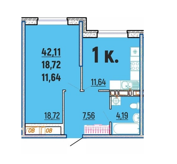 Планировка 1-комн 42,11 м²
