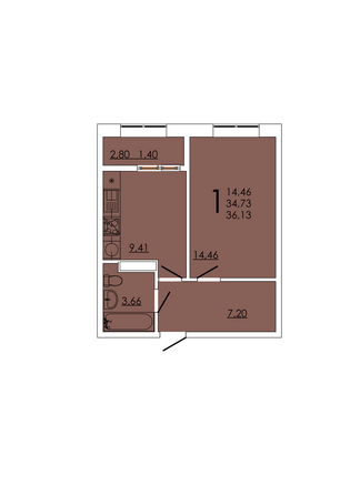 Планировка 1-комн 36,13 м²
