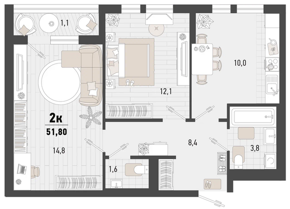 Планировка 2-комн 51,8, 53,8 м²