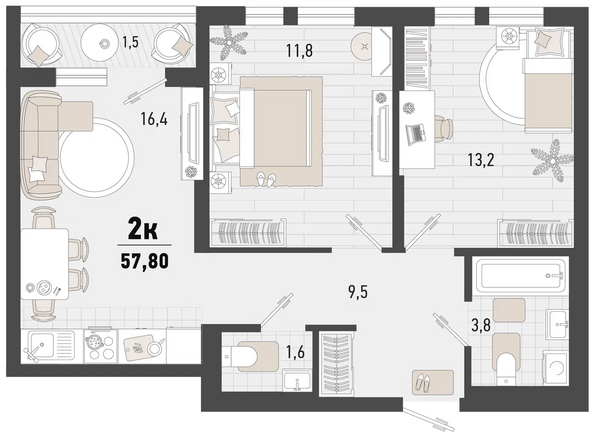 Планировка 2-комн 57,8 м²