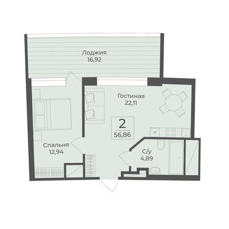 Планировка 2-комн 56,86 м²