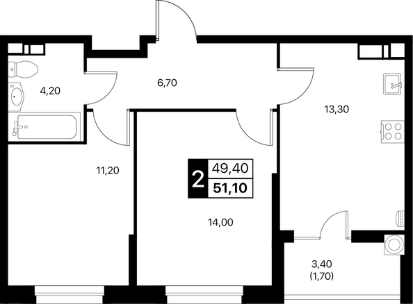 Планировка 2-комн 51,1, 51,5 м²