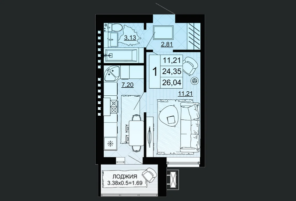 Планировка 1-комн 26,04 м²