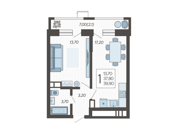 Планировка 1-комн 39,9 м²