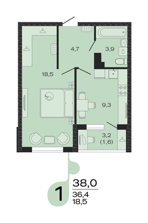 Планировка 1-комн 38 м²