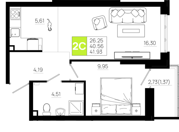 Планировка 1-комн 41,93 м²