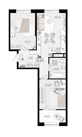 Планировка 2-комн 56,83 м²