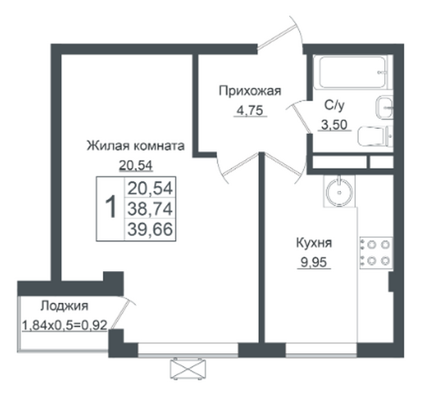 Планировка 1-комн 39,66 м²