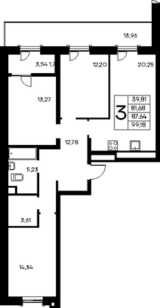 Планировка 3-комн 99,18, 99,67 м²