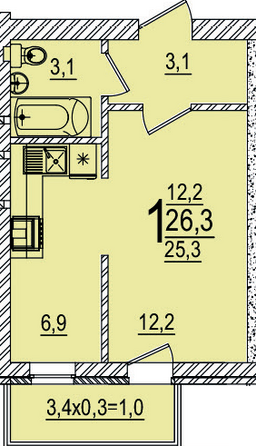 Планировка 1-комн 26,3 м²