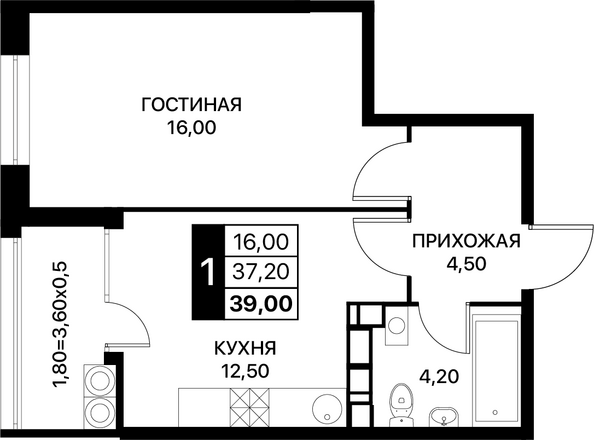 Планировка 1-комн 39, 39,4 м²