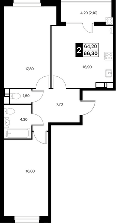 Планировка 2-комн 66,3, 66,6 м²