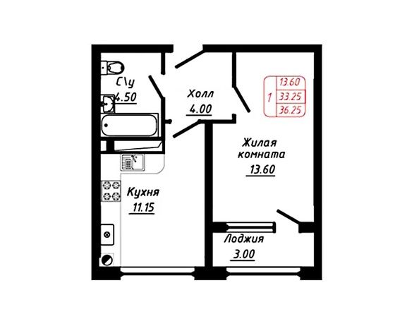 Планировка 1-комн 36,25 м²