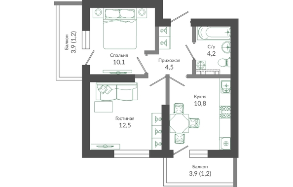 Планировка 2-комн 44,5 м²