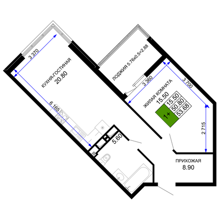 Планировка 1-комн 53,68, 54,75 м²