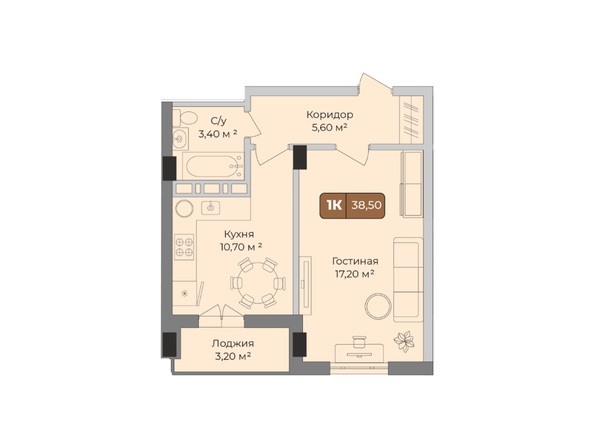 Планировка 1-комн 38,5 м²