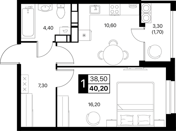 Планировка 1-комн 40,2 - 41,1 м²