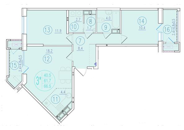 Планировка 3-комн 66,5, 67,8 м²