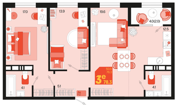 Планировка 3-комн 78,3 м²