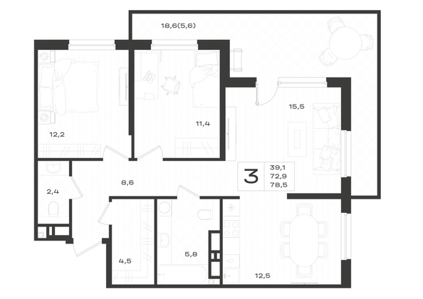 Планировка 3-комн 78,5 м²