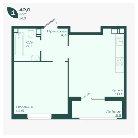 Планировка 1-комн 42,9, 43,3 м²