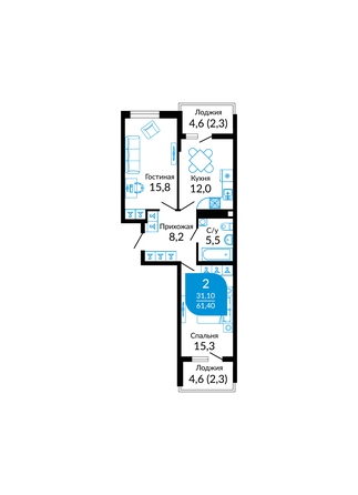 Планировка 2-комн 60,7 - 61,4 м²