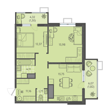 Планировка 2-комн 64,26 м²