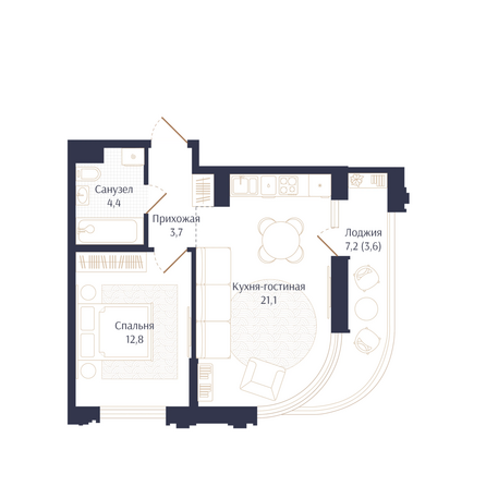 Планировка 1-комн 45,6 м²