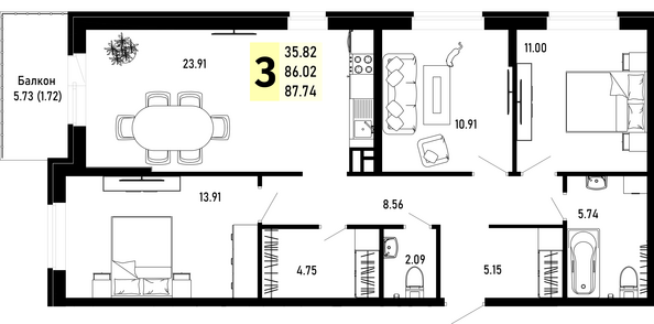 Планировка 3-комн 87,74 м²