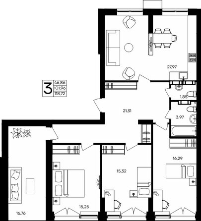 Планировка 3-комн 118,72 м²