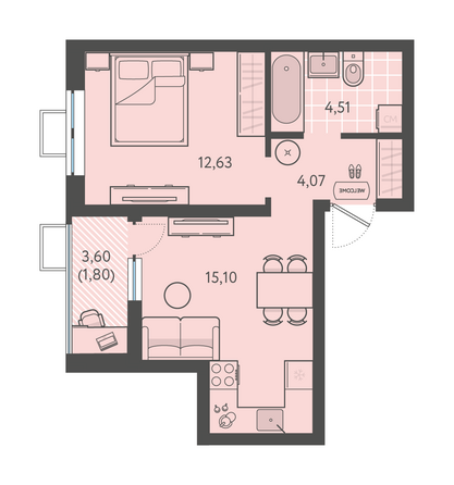 Планировка 1-комн 38,11 м²