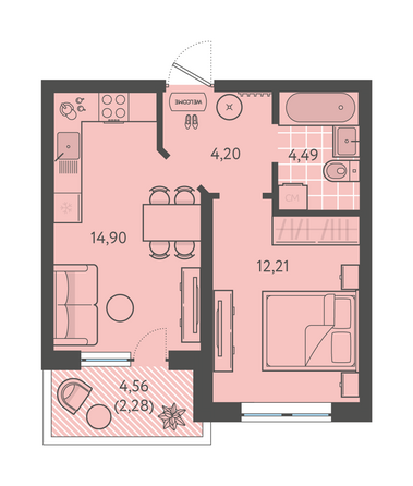 Планировка 1-комн 38,08 м²