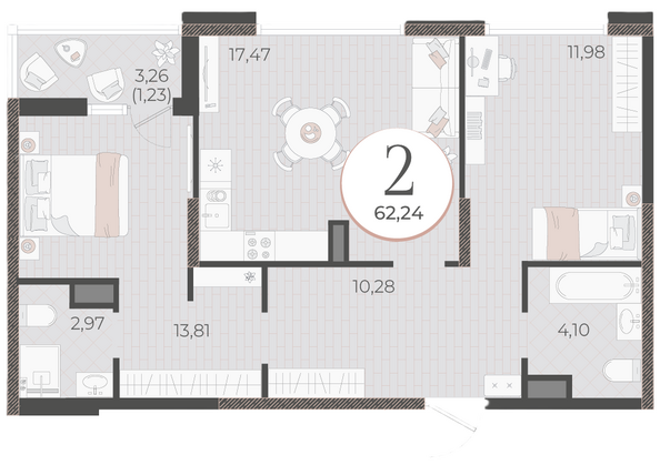 Планировка 2-комн 62,24 м²