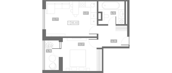 Планировка 1-комн 45,4 м²