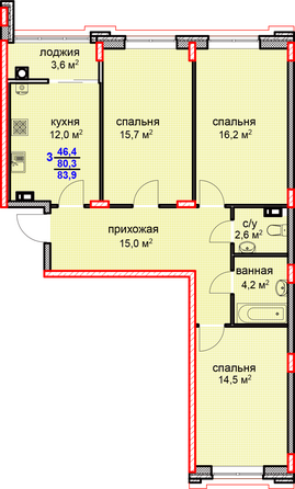 Планировка 3-комн 83,9 м²