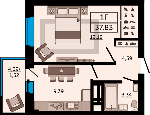 Планировка 1-комн 37,83 м²