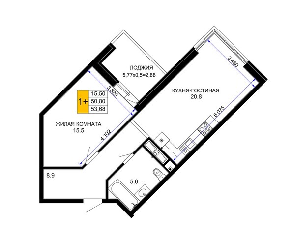 Планировка 1-комн 53,7 м²
