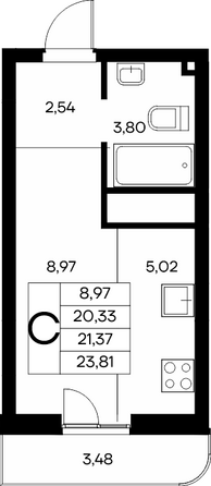 Планировка 1-комн 23,81 - 24,07 м²